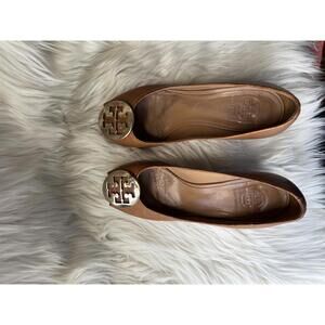 Tory Burch Brown Leather Wedge Shoes with Logo Medallion